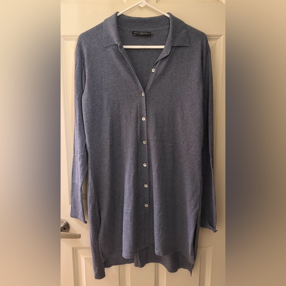 Peruvian Connection Lightweight Long Button Up Cardigan in Blue, Size L
